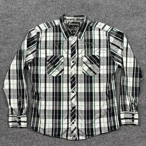 Black Label Mens Button Up Shirt Size XL Black Green Plaid Slim Fit‎ Long Sleeve